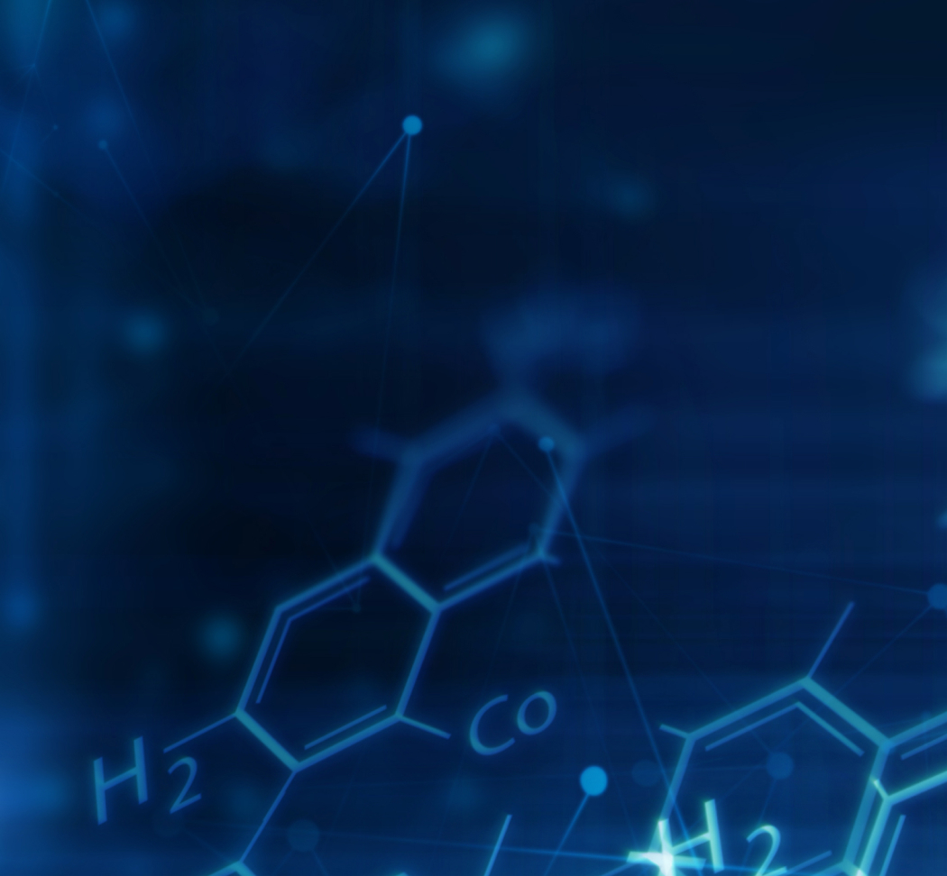 Stylized chemical structures over a dark background
