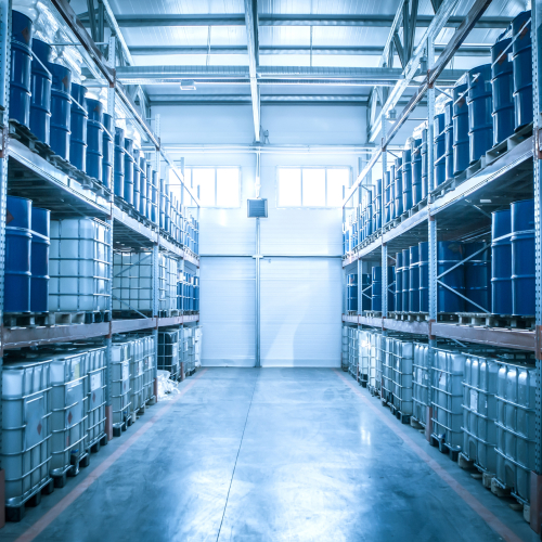 Warehouse filled with drums of chemicals