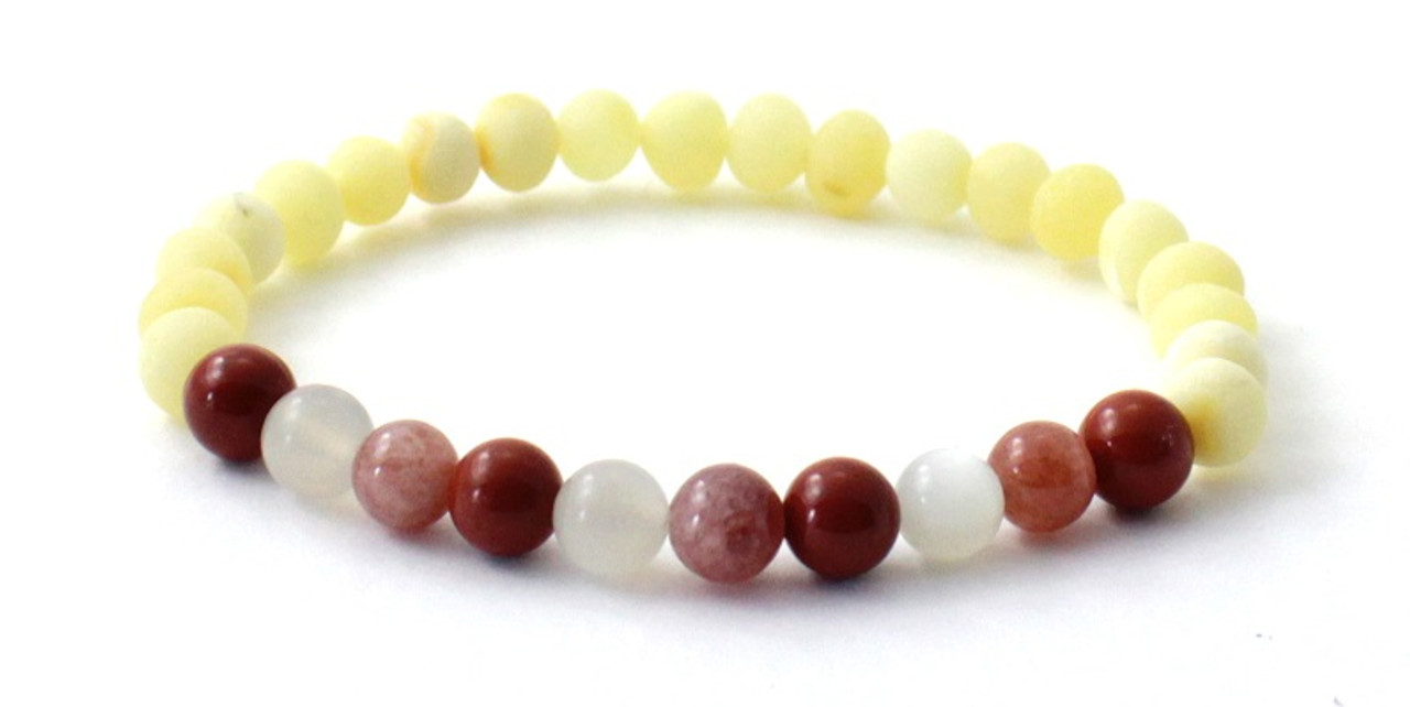 Amber Butter Stretch Bracelet Mixed With Sunstone, Moonstone and