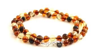 Tiger Eye, Necklace, Baltic, Beaded, Amber, Polished Cognac, Citrine, Teething, Gemstone, Silver Clasp
