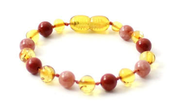 Anklet, Baltic Amber, Polished Honey, Bracelet, Teething, Red Jasper, Gemstone, Sunstone