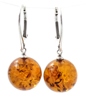 Amber, Earrings, Sterling, Silver 925, Drop, Dangle, Cognac, Ball, Round, Polished