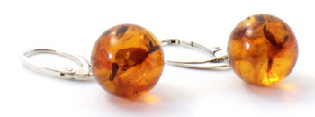 Amber, Earrings, Sterling, Silver 925, Drop, Dangle, Cognac, Ball, Round, Polished 2