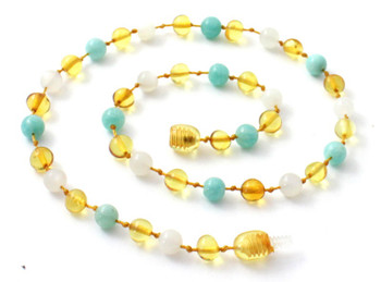 Necklace, Honey, Amber, Amazonite, Children, Moonstone, Polished, Baltic, Beaded 2