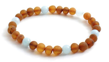 Bracelet, Adult, Stretch, Men, Amber, Baltic, Cognac, Raw, Unpolished, Brown, Aquamarine