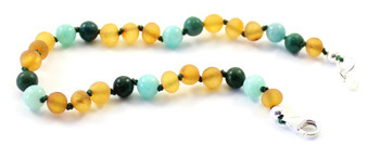 anklet, jewelry, raw, honey, amber, baltic, unpolished, african jade, amazonite, sterling silver clasp, adjustable