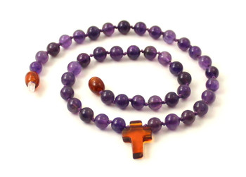 amethyst gemstone necklace violet with amber cross pendant purple knotted beaded jewelry jewellery cognac brown 2