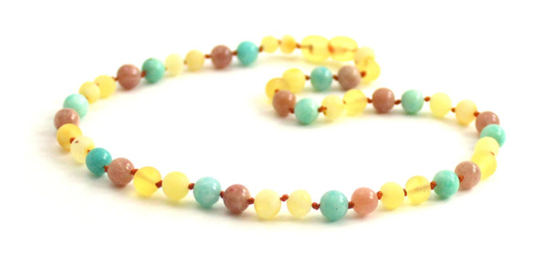 Milky Amber Raw Teething Necklace Mixed With Amazonite and Sunstone