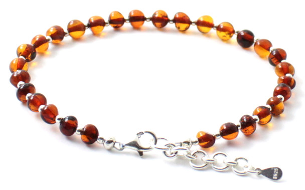 Amber, Baltic, Anklet, Jewelry, Silver, Cognac, Sterling 925, Adjustable, Polished