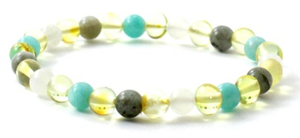 Stretch Bracelet, Baltic Amber, Lemon Color, With Labradorite, Gemstones, Moonstone, Amazonite, Adult