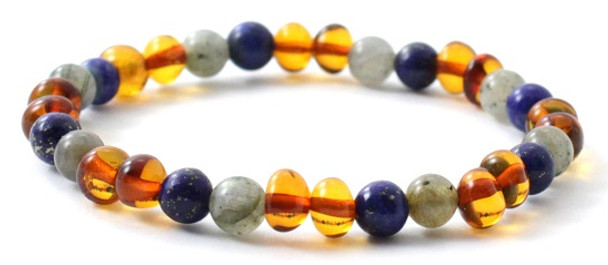 Bracelet, Labradorite, Stretch, Polished, Cognac, Lapis Lazuli, Baltic Amber, Jewelry