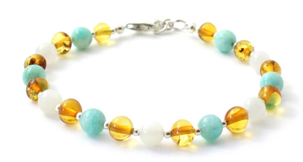 Moonstone, Baltic Jewelry, White, Amazonite, Amber, Bracelet, Silver, Sterling 925, Green