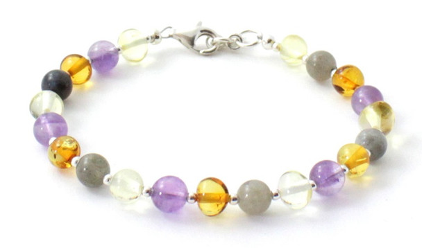 Labradorite, Mix, Multicolor, Amber, Bracelet, Amethyst, Sterling Silver 925, Beaded