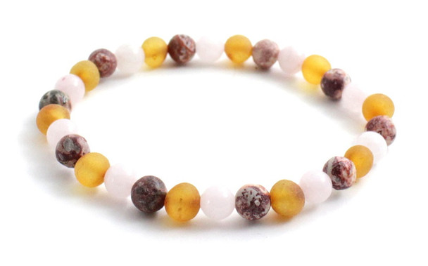 Baltic, Bracelet, Raw, Rose Quartz, Gemstone, Honey, Amber, Leopardskin Jasper, Jewelry, Stretch, Elastic