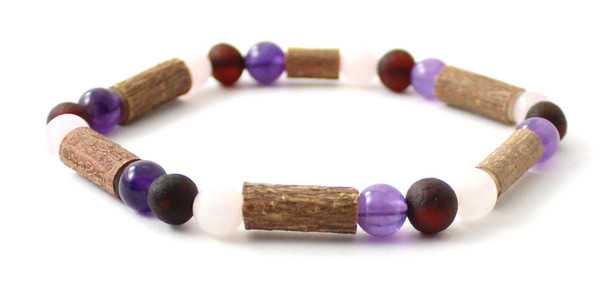 stretch, bracelet, jewelry, amber, baltic, amethyst, rose quartz, wood, hazelwood, jewellery