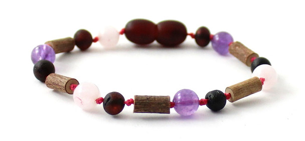 anklet, bracelet, amethyst, amber, baltic, rose quartz, pink, teething, black, cherry, hazelwood