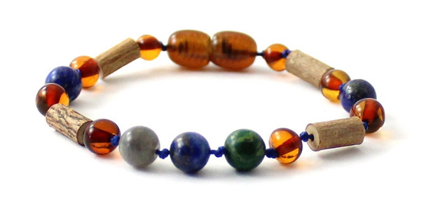 bracelet, hazelwood, amber, cognac, labradorite, blue lapis lazuli, african jade, wood