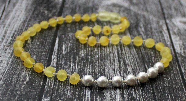 lemon, raw, unpolished, amber, baltic, shell pearls, pearl, beaded, necklace, gemstone