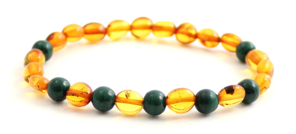 stretch bracelet amber baltic cognac bean olive shape polished jewelry malachite green gemstone