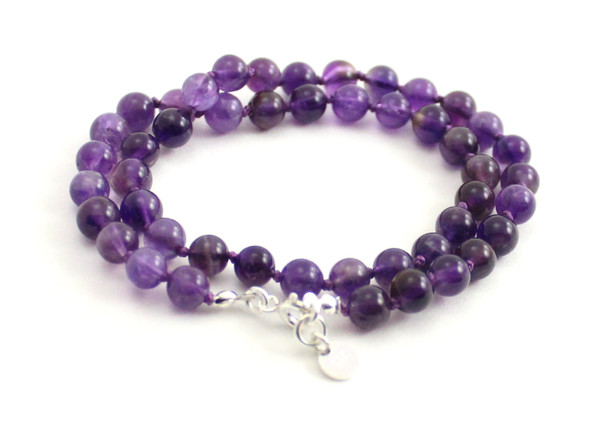 necklace violet amethyst gemstone 6mm 6 mm jewelry beaded knotted with sterling silver clasp for women women's men men's