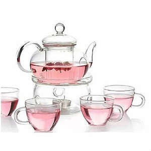 6-Piece Glass Tea Pot Set with 4 Cups Teapot Warmer and Infuser Q280-GPHRTP185381 6-Piece Glass Tea Pot Set with 4 Cups Teapot Warmer and Infuser Q280-GPHRTP185381