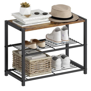 2-Shelf Entryway Shoe Rack Bench with Black Metal Frame and Brown Wood Top Q280-EBSRBW3799172 2-Shelf Entryway Shoe Rack Bench with Black Metal Frame and Brown Wood Top Q280-EBSRBW3799172