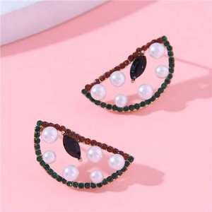 Pearl and Rhinestone Embellished Hollow Watermelon Design Wholesale Women Stud Earrings A392-fear8178