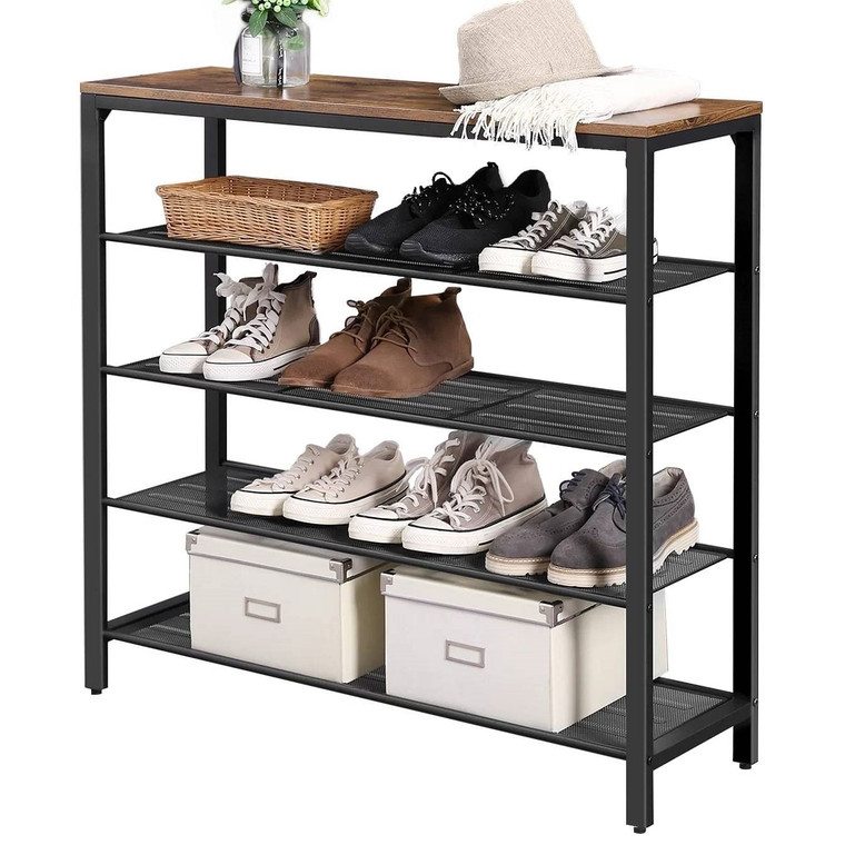 Modern Industrial Style 5-Tier Black Metal Shoe Rack with Brown Wood Top Q280-FTSBRSR61823456 Modern Industrial Style 5-Tier Black Metal Shoe Rack with Brown Wood Top Q280-FTSBRSR61823456