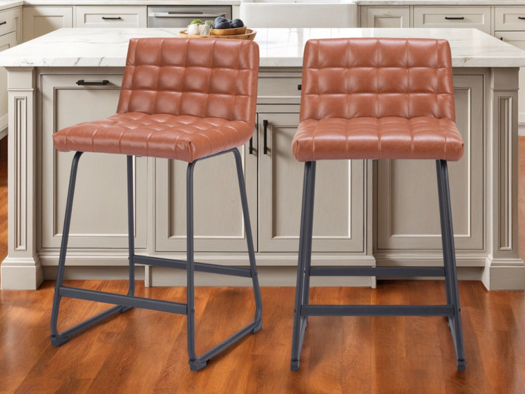 Set of Two 26" Brown And Black Faux Leather And Steel Counter Height Bar Chairs N270-555736