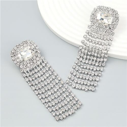 Square Geometric Design Rhinestone Long Tassel Exaggerated Fahion Earrings - White A392-fear7586