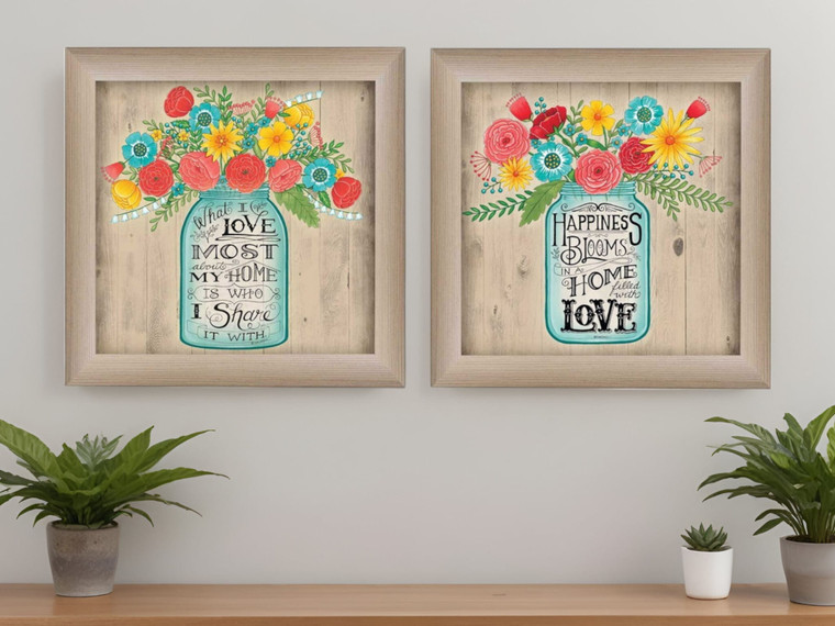 Set Of Two Mason Jar Floral Happiness at Home Brown Framed Print Wall Art N270-405709