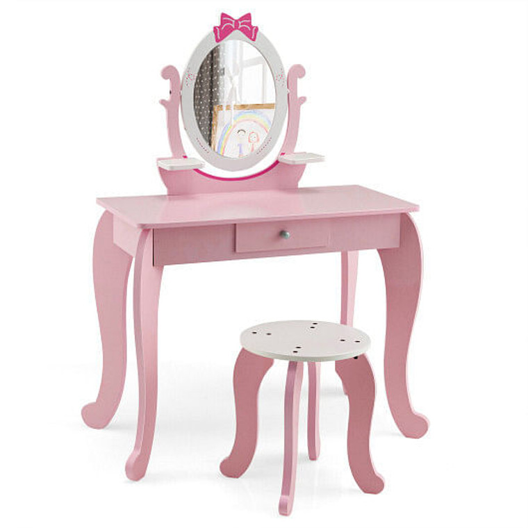 Kid Vanity Table Stool Set with Oval Rotatable Mirror-Pink B593-HY10089 Kid Vanity Table Stool Set with Oval Rotatable Mirror-Pink B593-HY10089