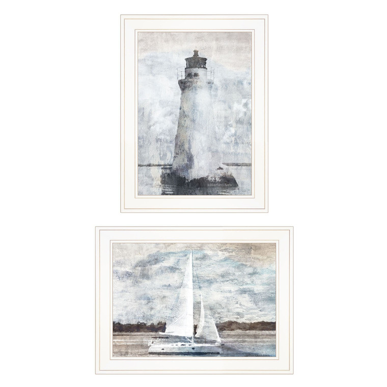Set Of Two Lighthouse Sailboat 1 White Framed Print Wall Art N270-407079