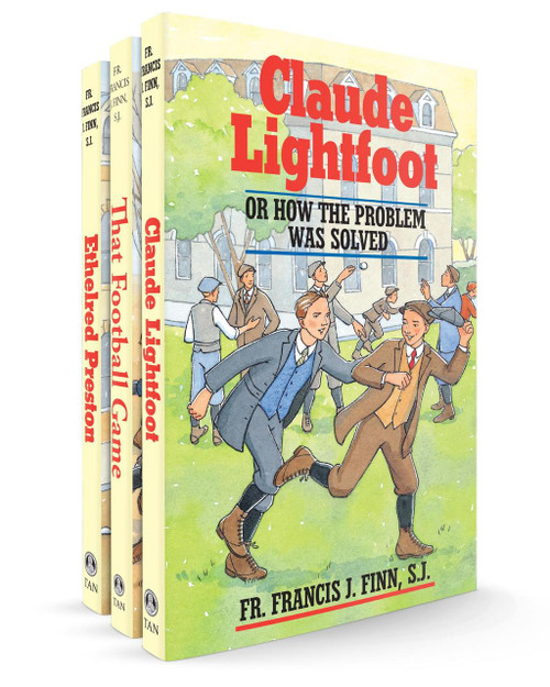 Slightly angled cover photo of the 3 book set of  Fr. Finn's Series for Catholic children