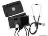 Professional black EMI 330 kit with a Sprague Rappaport stethoscope and precision aneroid sphygmomanometer. Features durable black tubing, adult cuff, inflation bulb, and a sleek carrying case for everyday clinical and training use.