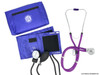 Elite Medical Instruments EBS-330 stethoscope and blood pressure cuff kit featuring a Sprague Rappaport stethoscope and manual aneroid sphygmomanometer with adult cuff. Includes matching burgundy tubing, nylon blood pressure cuff, inflation bulb, aneroid gauge, accessories, and durable carrying case. Ideal for nursing students, nurses, medical students, EMTs, healthcare professionals, and clinical training programs. - Purple