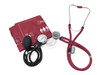 Elite Medical Instruments EBS-330 stethoscope and blood pressure cuff kit featuring a Sprague Rappaport stethoscope and manual aneroid sphygmomanometer with adult cuff. Includes matching burgundy tubing, nylon blood pressure cuff, inflation bulb, aneroid gauge, accessories, and durable carrying case. Ideal for nursing students, nurses, medical students, EMTs, healthcare professionals, and clinical training programs. - Burgundy