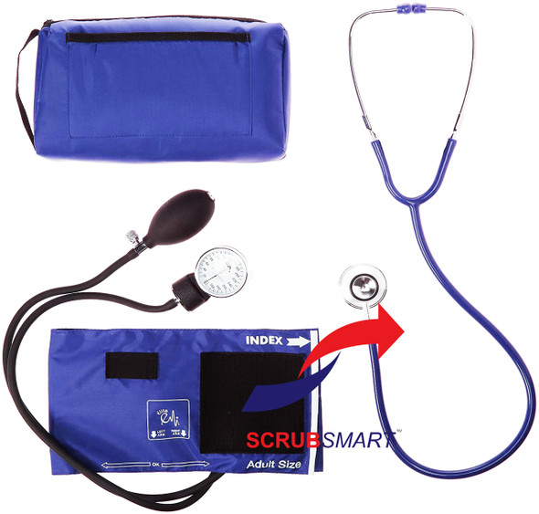 Royal blue EMI 305 diagnostic set with dual head stethoscope and aneroid blood pressure cuff. Comes with matching tubing, adult cuff, inflation bulb, and a durable carrying case—designed for reliability in clinical and training environments.