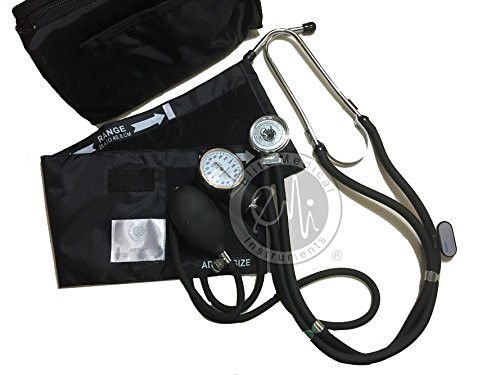 Black EMI 330 diagnostic set with Sprague Rappaport stethoscope and aneroid blood pressure cuff. Comes with matching tubing, adult cuff, inflation bulb, and a durable carrying case—built for reliability in training settings.
