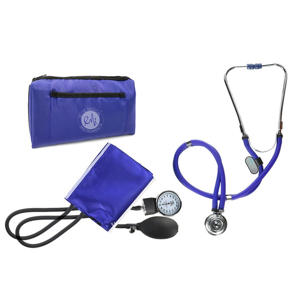 Royal blue EMI 330 diagnostic set with Sprague Rappaport stethoscope and aneroid blood pressure cuff. Comes with matching tubing, adult cuff, inflation bulb, and a durable carrying case—built for reliability in training settings.