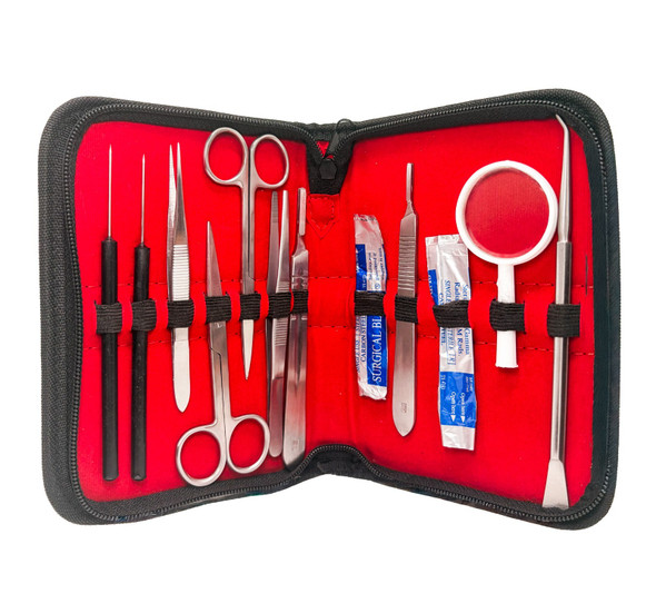 Student dissection kit with stainless steel scissors, forceps, dissecting needles, scalpel tools, surgical blades, magnifying glass, and black zippered case with red lining.