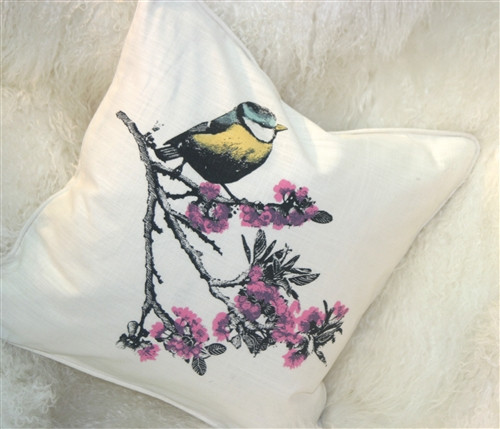 Bird on Cherry Blossom Branch 16x16 Throw Pillow