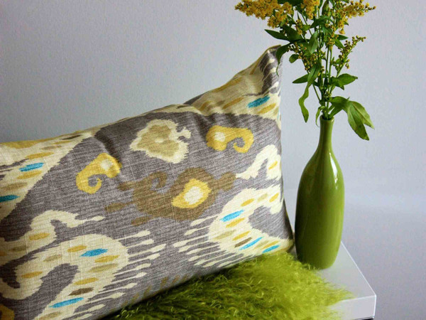 Solo Gray Ikat Throw Pillow 12x20 with Green Mongolian Pillow