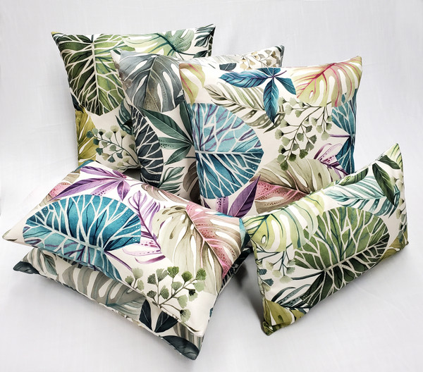 Thai Garden Blue Leaf Rectangular Throw Pillows