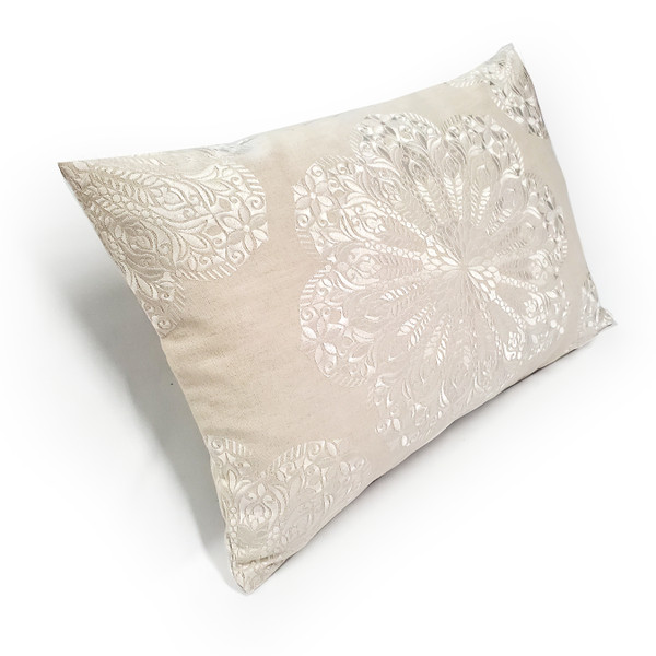 Mancini Natural and Cream Medallion Embroidered Throw Pillow 16x24