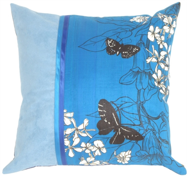 Floral Silk and Seude Square Blue Accent Pillow