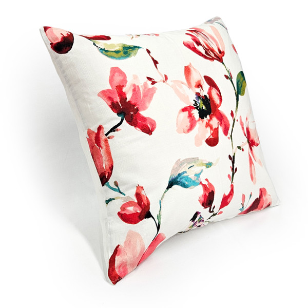 Magnolia Watercolor Red Coral Floral Throw Pillow 22x22