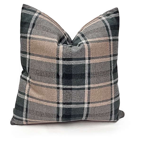 Highland Felt Soft Camel & Dusty Sage Plaid Throw Pillow 19x19