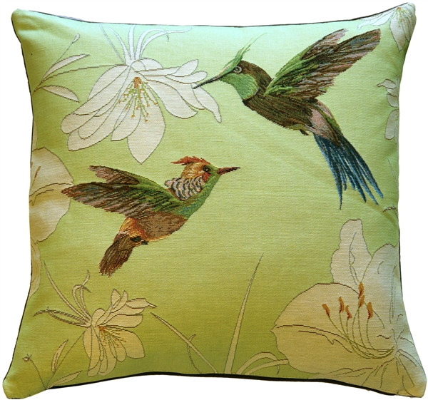 Hummingbirds Green French Tapestry Throw Pillow