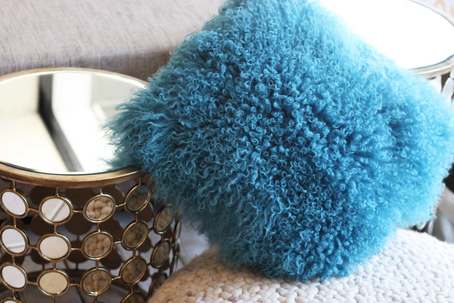 Blue Mongolian Textured Fur Pillow Decor